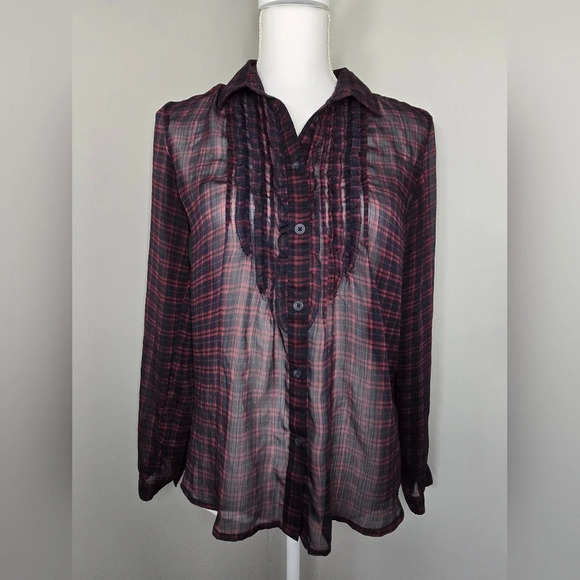 American Eagle Outfitters Tops - American Eagle Sheer Long Sleeve Ruffle Plaid Blouse